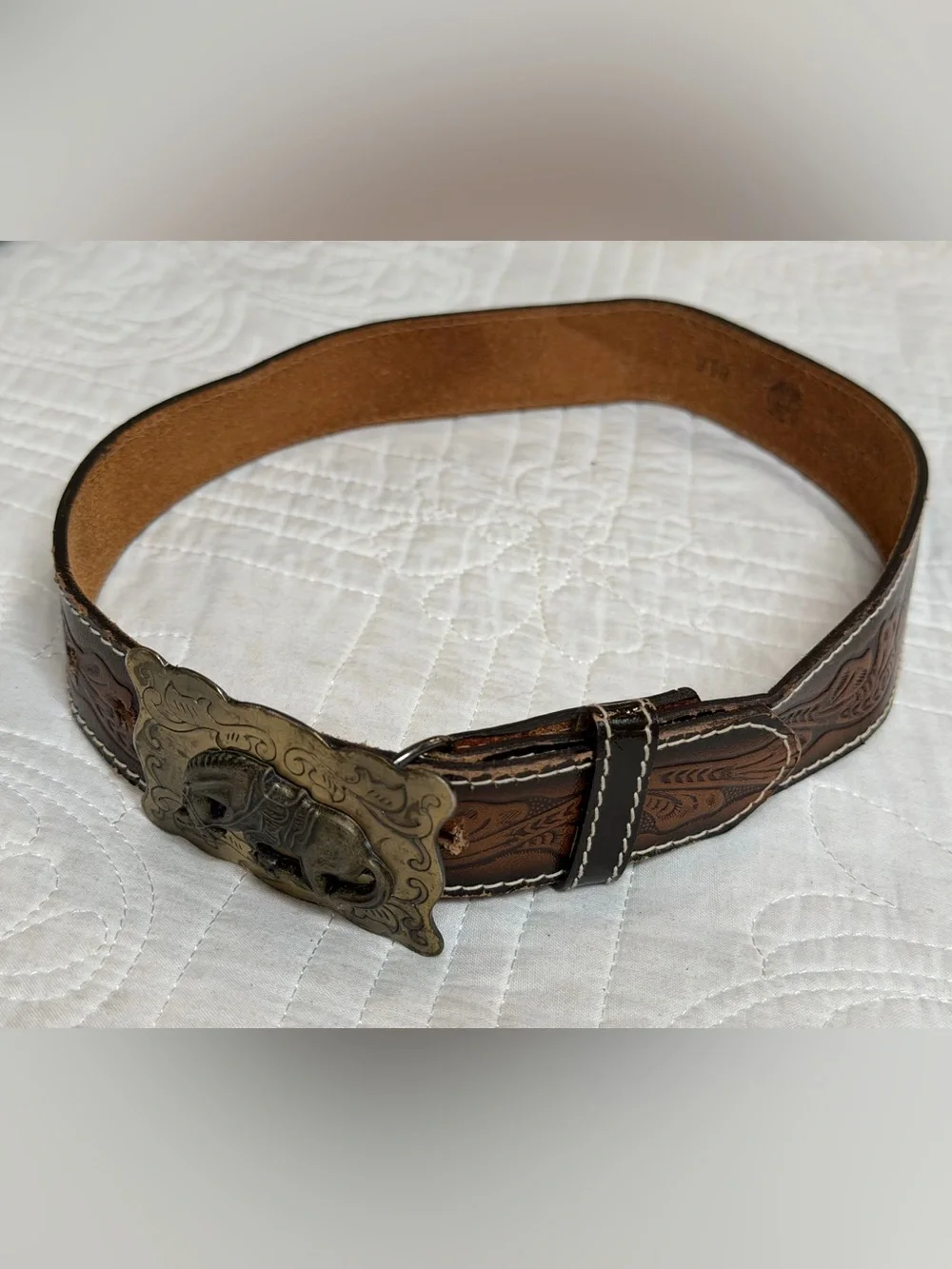 Kids Cowboy Western Rodeo Tooled Leather Belt Metal Horse Buckle Made In USA